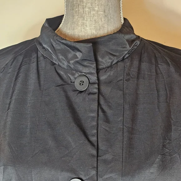Eileen Fisher Button-Up Jacket Womens Size L Black Satin Fleece-Lined Collarless - Picture 2 of 9